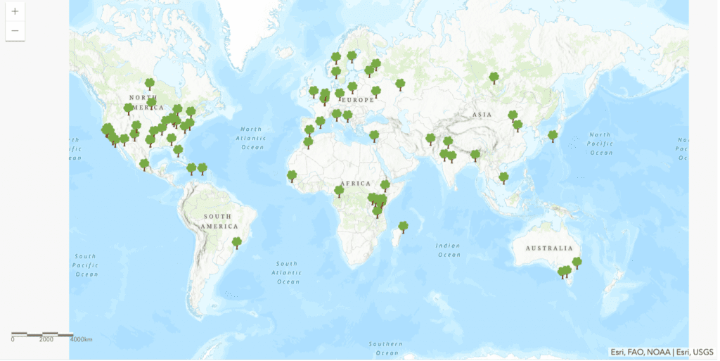 Map of the world showing the location of tree planting as part of Earth Day's The Canopy Project™.