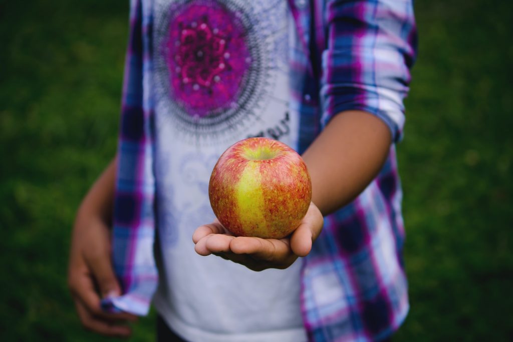 Boy holding apple - growing food helps children understand about healthy food choices.